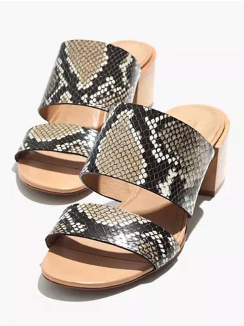 Madewell Kiera Snake-Print Double-Strap Block Heel Mules in Black & Cream